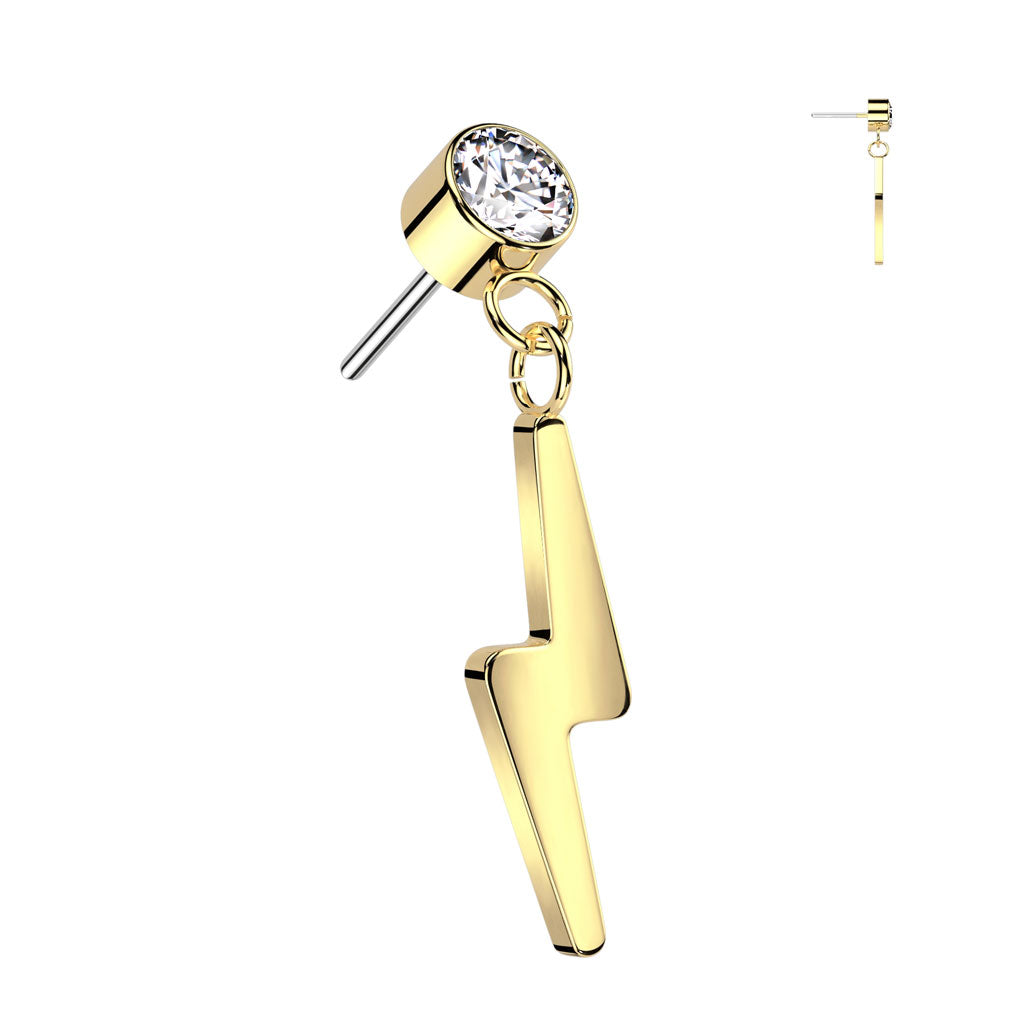 Bezel Set Gem w/ Lightning Bolt Dangle | Titanium Threadless Top For Ears, Nose, & Lips - Avanti Body Jewelry