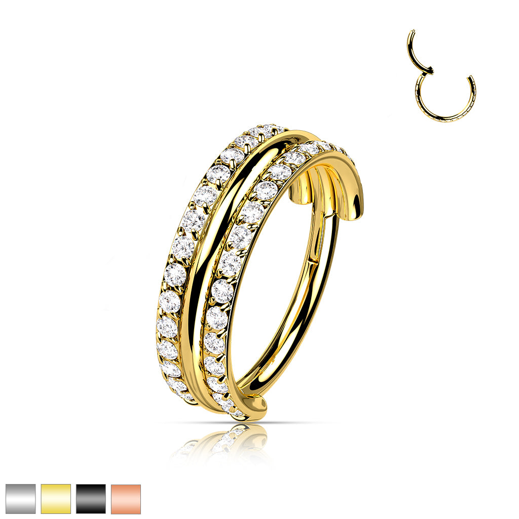 Hinged Double Row Gemmed & Band Ring | Titanium Clicker Segment Hoop Ring - Avanti Body Jewelry