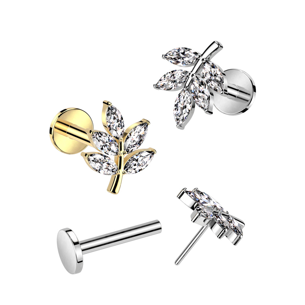 5 Gem Leaf Vine Gem Cluster Threadless Top For Ears, Nose & Lip - Avanti Body Jewelry