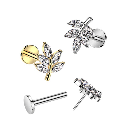 5 Gem Leaf Vine Gem Cluster Threadless Top For Ears, Nose & Lip - Avanti Body Jewelry