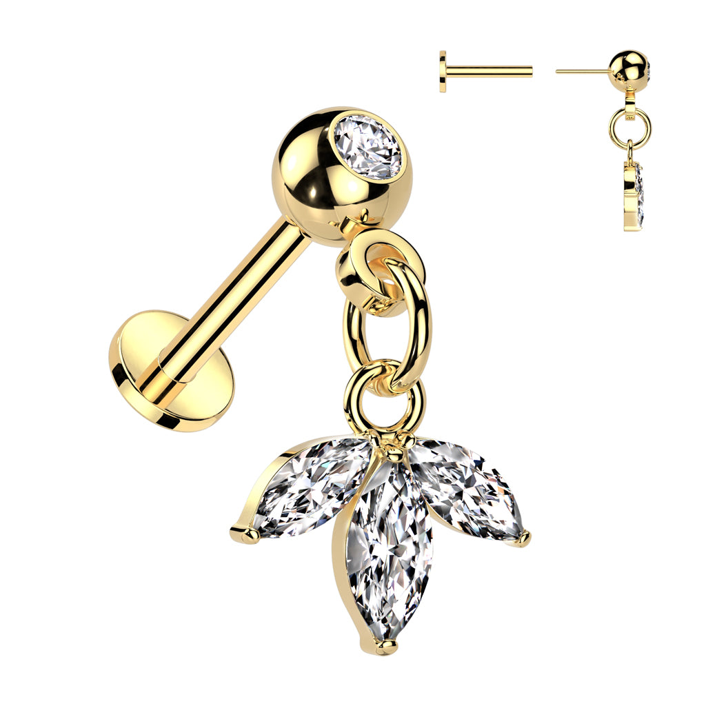 Ball Gem w/ Triple Marquis Gem Dangle Threadless Top - Avanti Body Jewelry