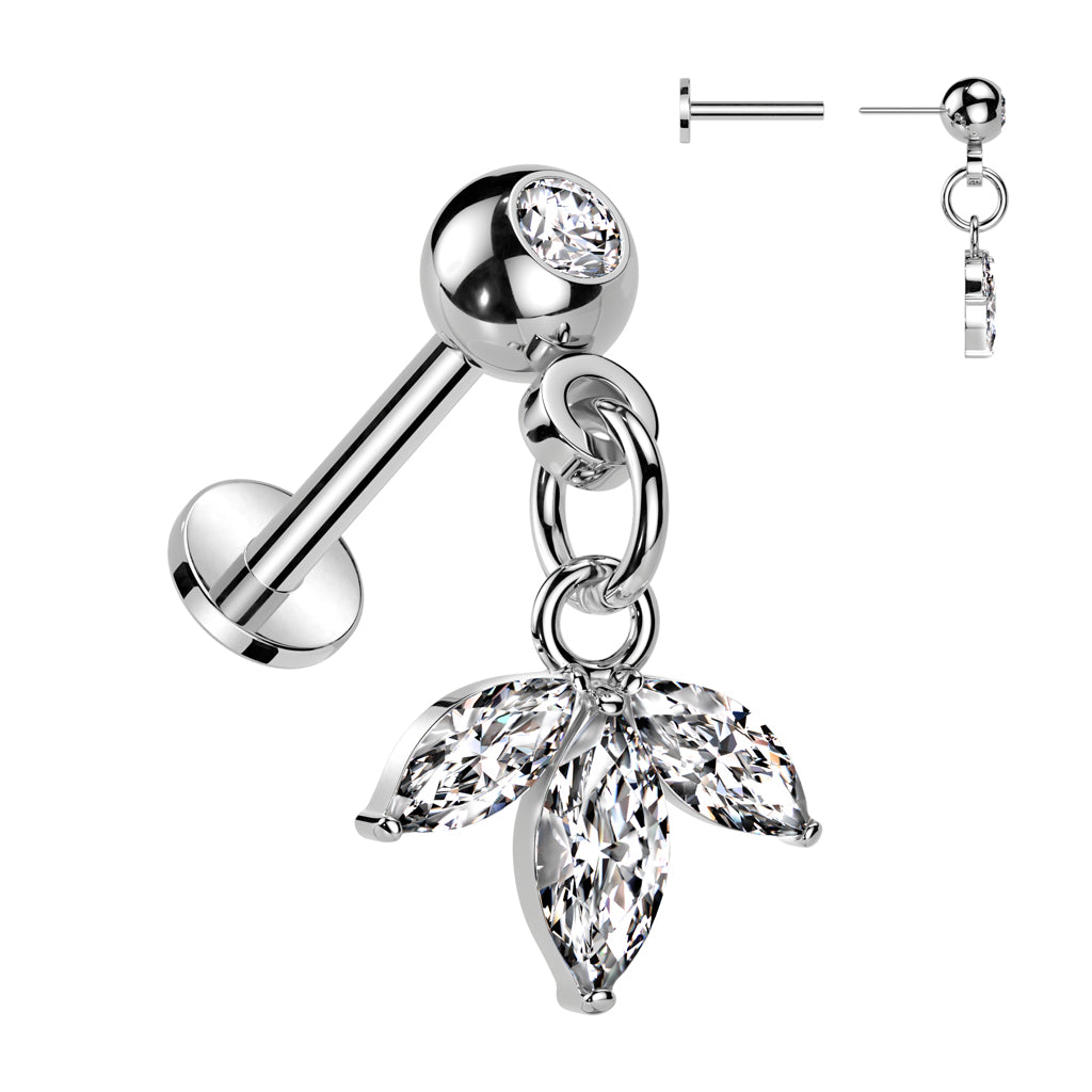 Ball Gem w/ Triple Marquis Gem Dangle Threadless Top - Avanti Body Jewelry