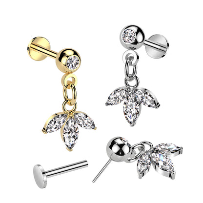 Ball Gem w/ Triple Marquis Gem Dangle Threadless Top - Avanti Body Jewelry