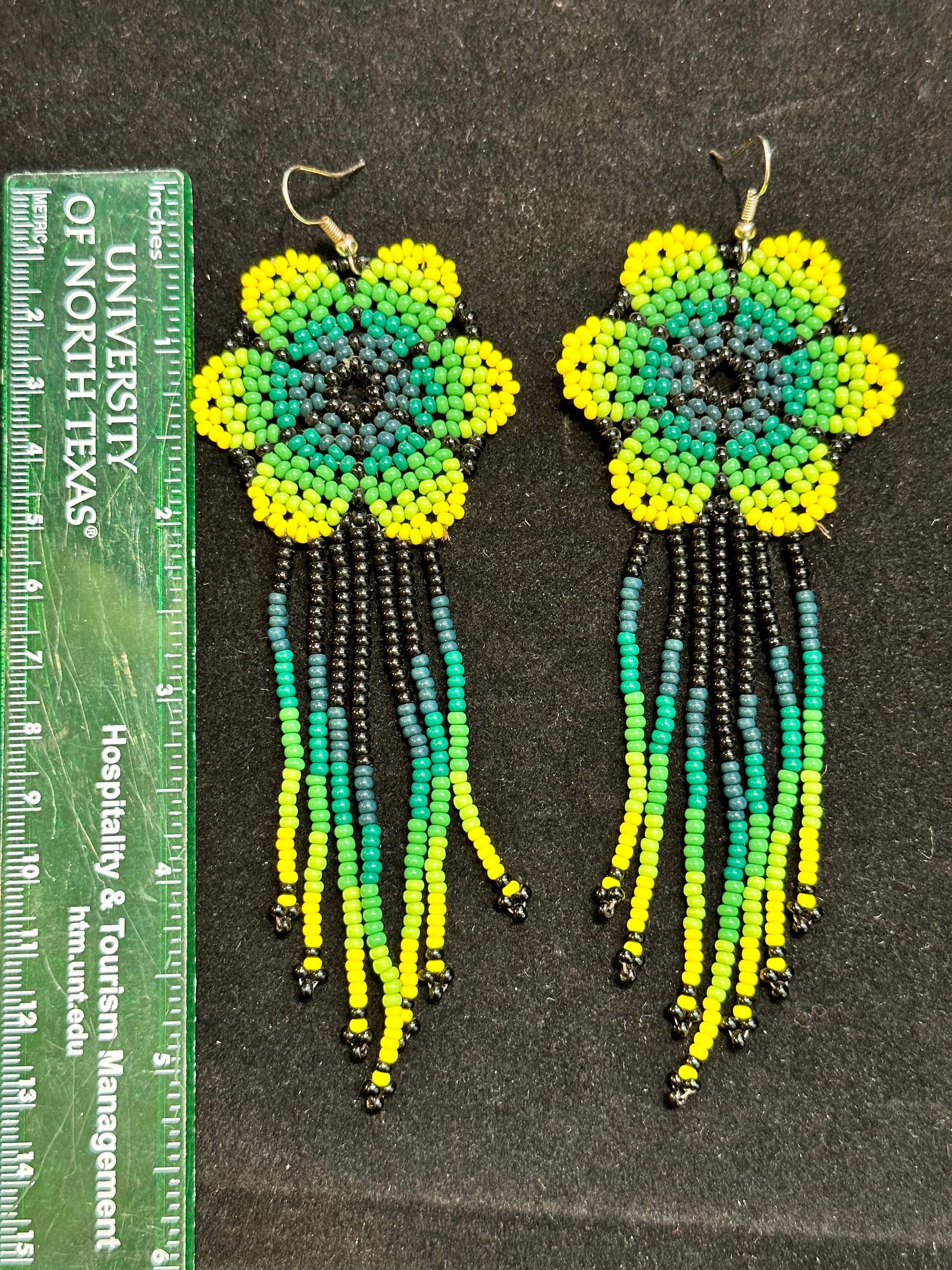 Beaded Flower Brazilian Indigenous Tribal Earrings | Hand Crafted Green & Yellow - Avanti Body Jewelry