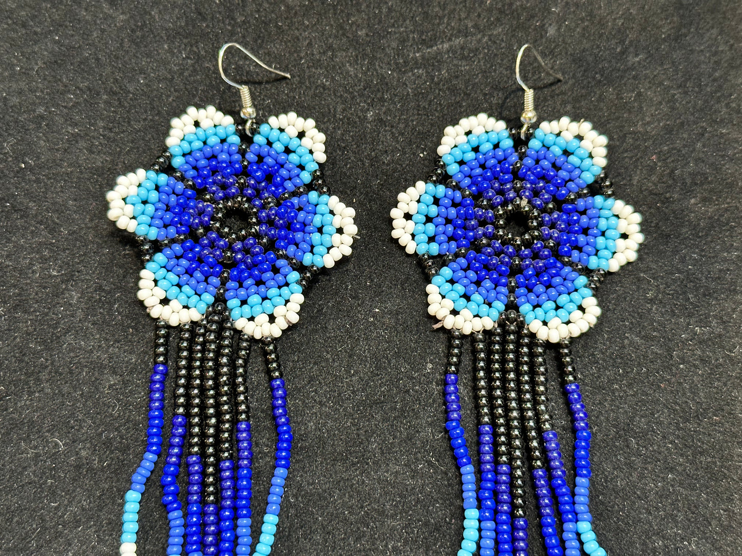 Beaded Flower Brazilian Indigenous Tribal Earrings | Hand Crafted Blue & White - Avanti Body Jewelry