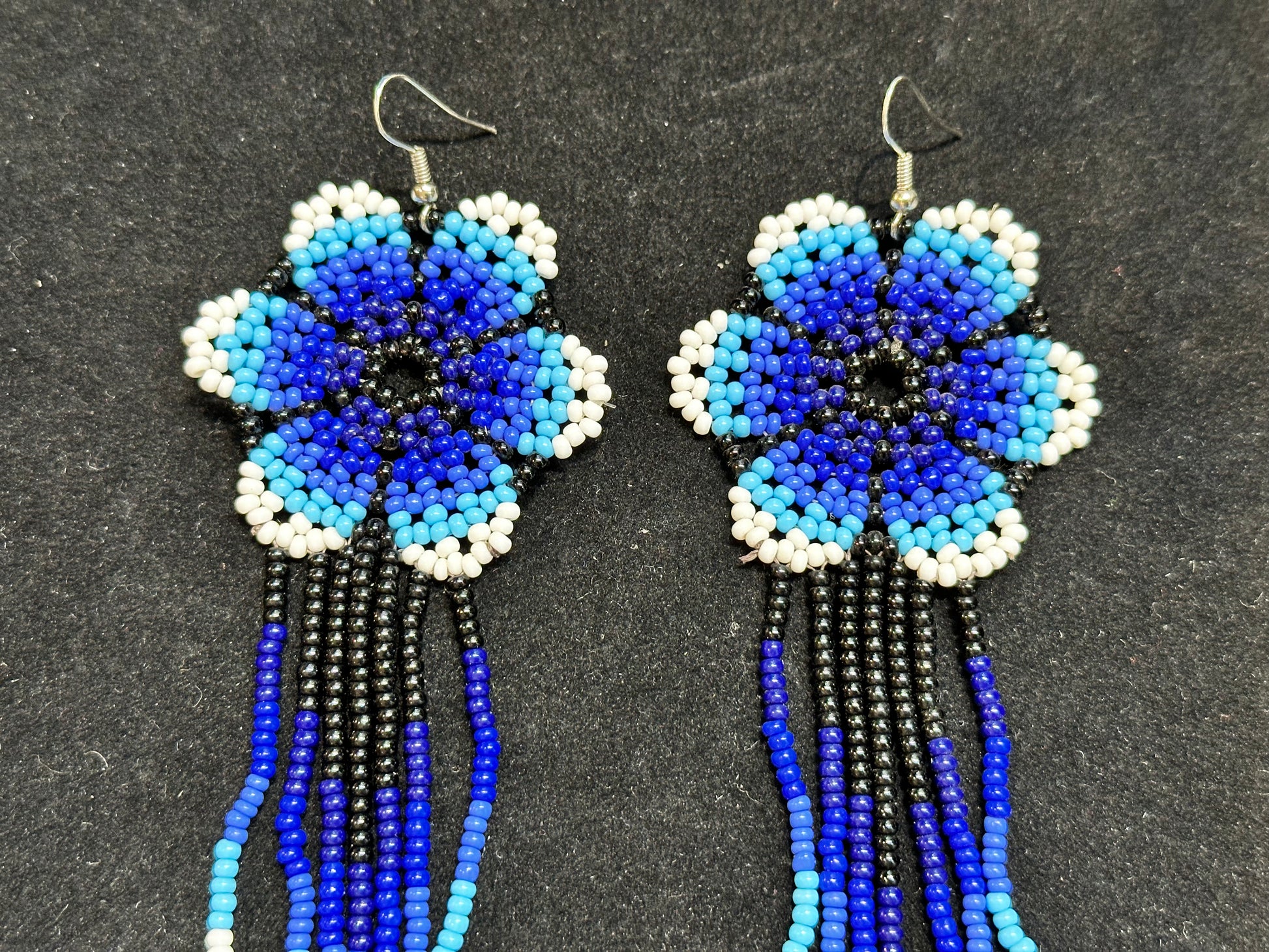 Beaded Flower Brazilian Indigenous Tribal Earrings | Hand Crafted Blue & White - Avanti Body Jewelry