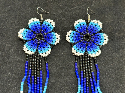 Beaded Flower Brazilian Indigenous Tribal Earrings | Hand Crafted Blue & White - Avanti Body Jewelry