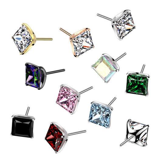Square Prong Set Gem | Titanium Threadless Top  For Nose, Ears & Lip