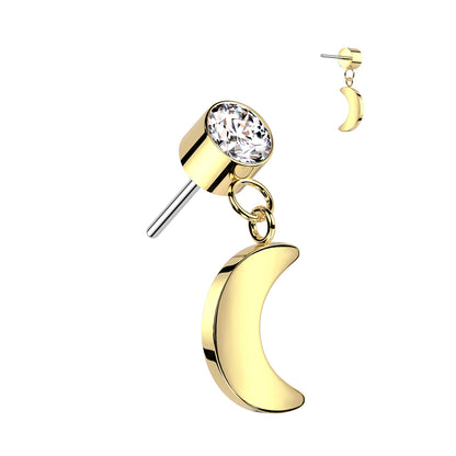 Bezel Set Gem w/ Crescent Moon Dangle | Titanium Threadless Top For Ears, Nose, & Lips - Avanti Body Jewelry