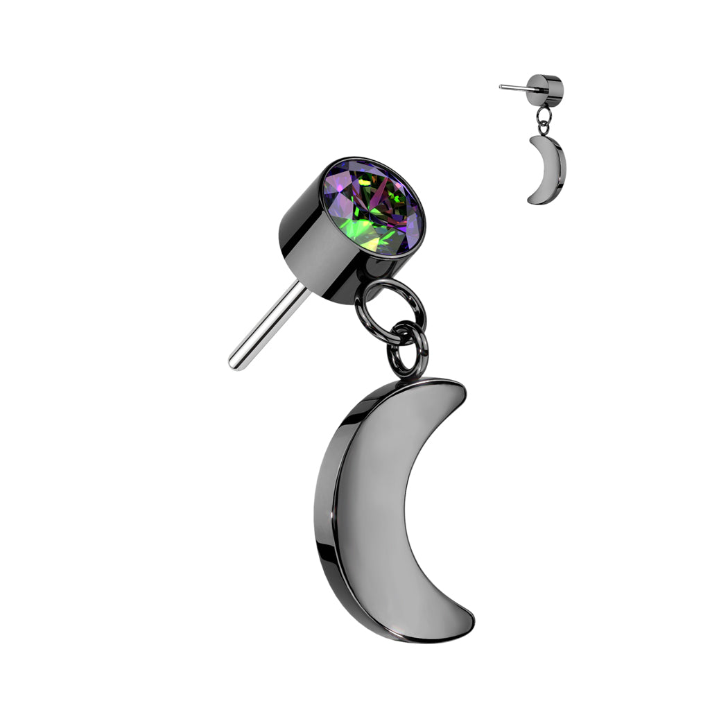 Bezel Set Gem w/ Crescent Moon Dangle | Titanium Threadless Top For Ears, Nose, & Lips - Avanti Body Jewelry