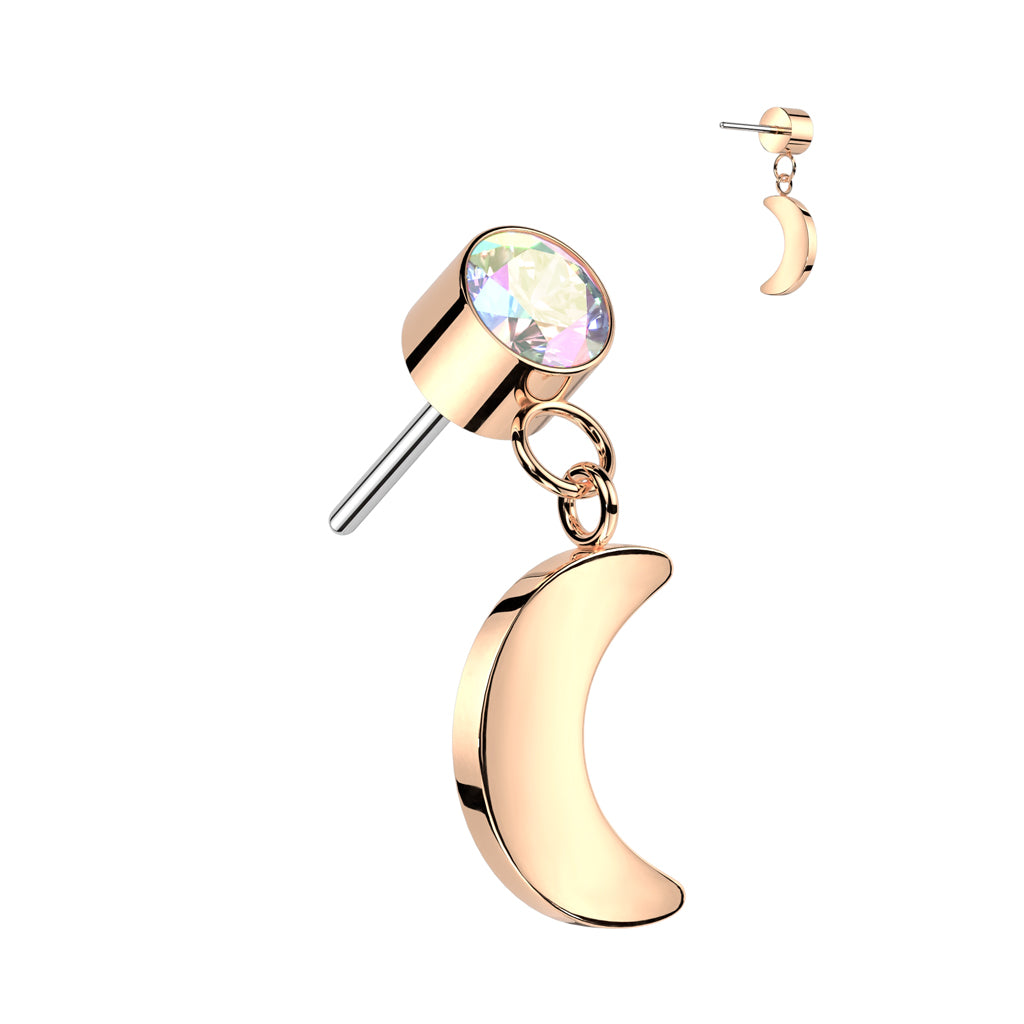 Bezel Set Gem w/ Crescent Moon Dangle | Titanium Threadless Top For Ears, Nose, & Lips - Avanti Body Jewelry