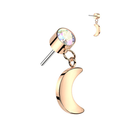 Bezel Set Gem w/ Crescent Moon Dangle | Titanium Threadless Top For Ears, Nose, & Lips - Avanti Body Jewelry