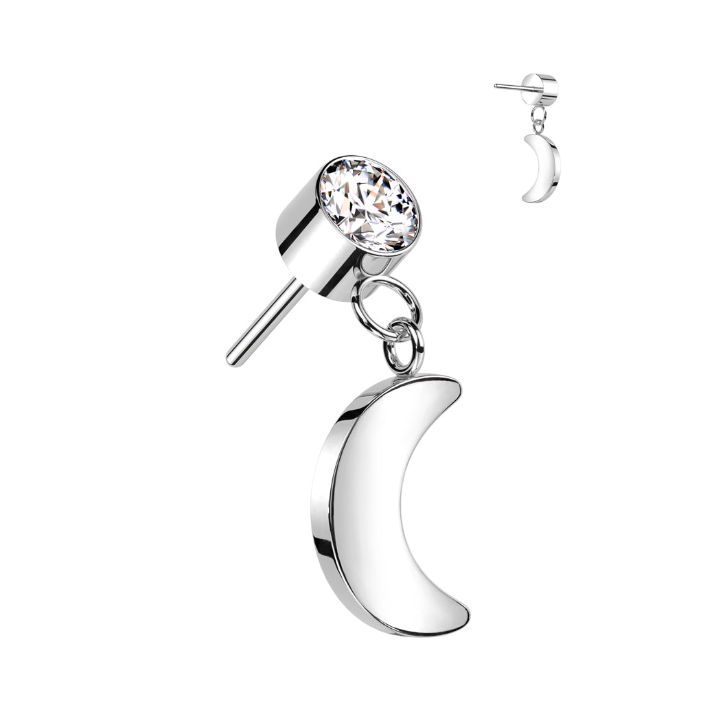 Bezel Set Gem w/ Crescent Moon Dangle | Titanium Threadless Top For Ears, Nose, & Lips - Avanti Body Jewelry