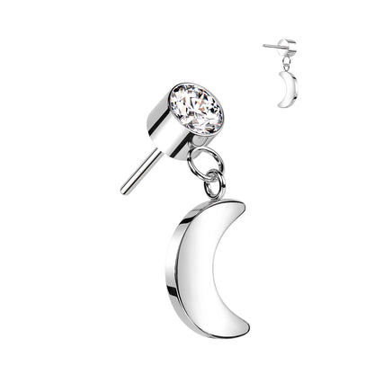 Bezel Set Gem w/ Crescent Moon Dangle | Titanium Threadless Top For Ears, Nose, & Lips - Avanti Body Jewelry