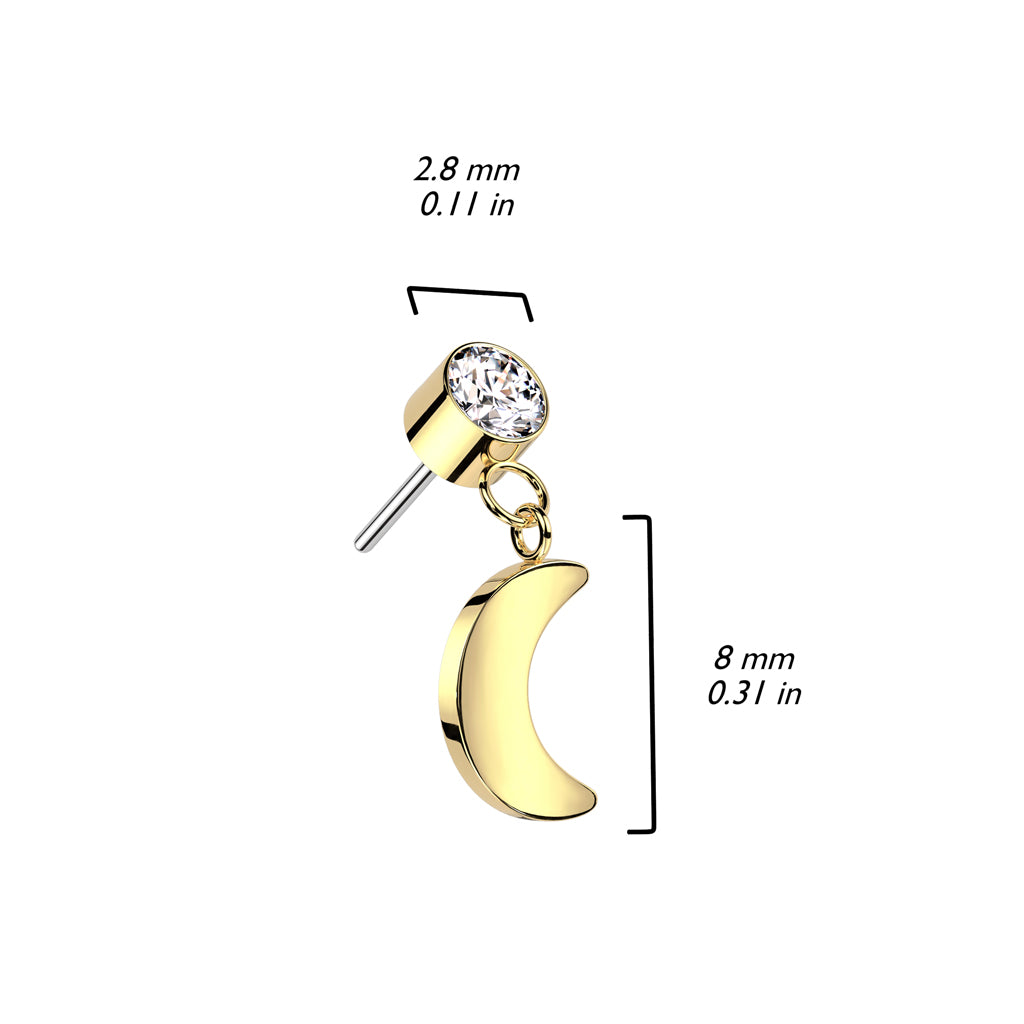 Bezel Set Gem w/ Crescent Moon Dangle | Titanium Threadless Top For Ears, Nose, & Lips - Avanti Body Jewelry