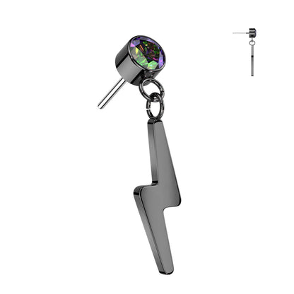 Bezel Set Gem w/ Lightning Bolt Dangle | Titanium Threadless Top For Ears, Nose, & Lips - Avanti Body Jewelry