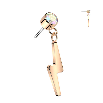 Bezel Set Gem w/ Lightning Bolt Dangle | Titanium Threadless Top For Ears, Nose, & Lips - Avanti Body Jewelry