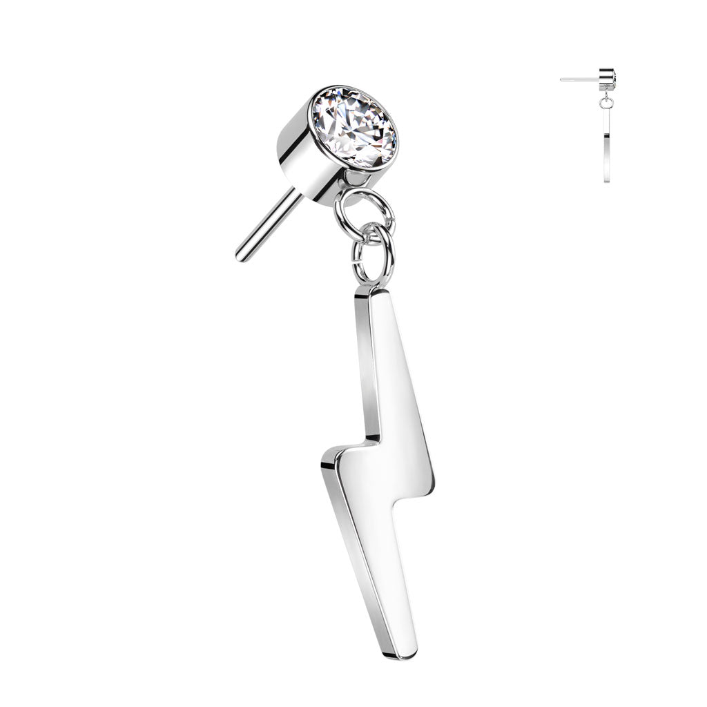 Bezel Set Gem w/ Lightning Bolt Dangle | Titanium Threadless Top For Ears, Nose, & Lips - Avanti Body Jewelry