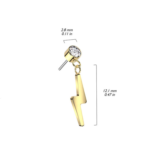 Bezel Set Gem w/ Lightning Bolt Dangle | Titanium Threadless Top For Ears, Nose, & Lips - Avanti Body Jewelry