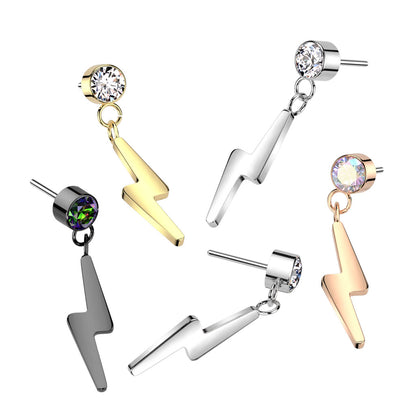 Bezel Set Gem w/ Lightning Bolt Dangle | Titanium Threadless Top For Ears, Nose, & Lips - Avanti Body Jewelry