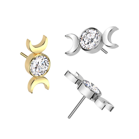 Double Crescent Moon w/Gem Titanium Threadless Top - Avanti Body Jewelry