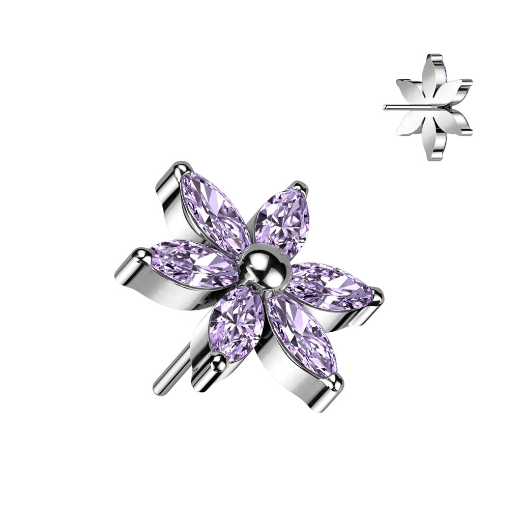 6 Petal Gem Flower | Titanium Threadless Top For Nose, Ears, & Lips - Avanti Body Jewelry