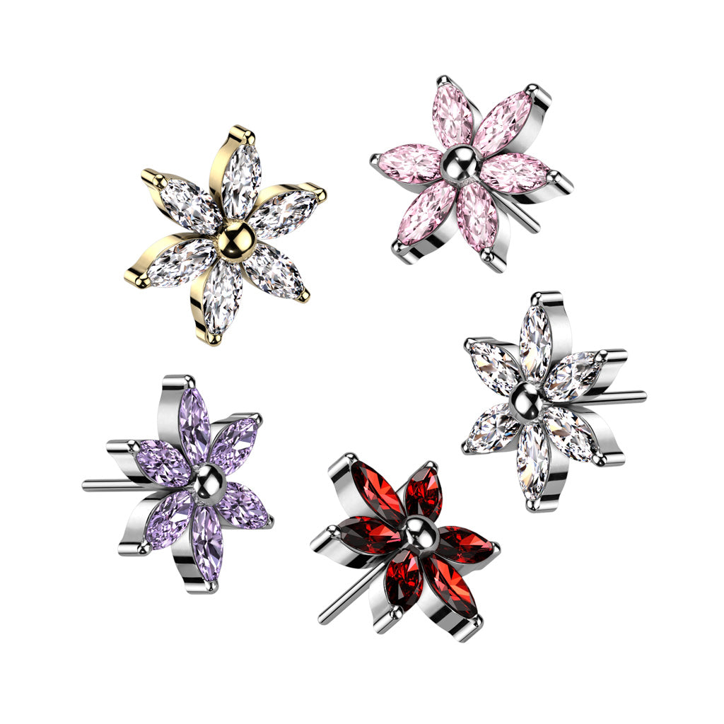 6 Petal Gem Flower | Titanium Threadless Top For Nose, Ears, & Lips - Avanti Body Jewelry