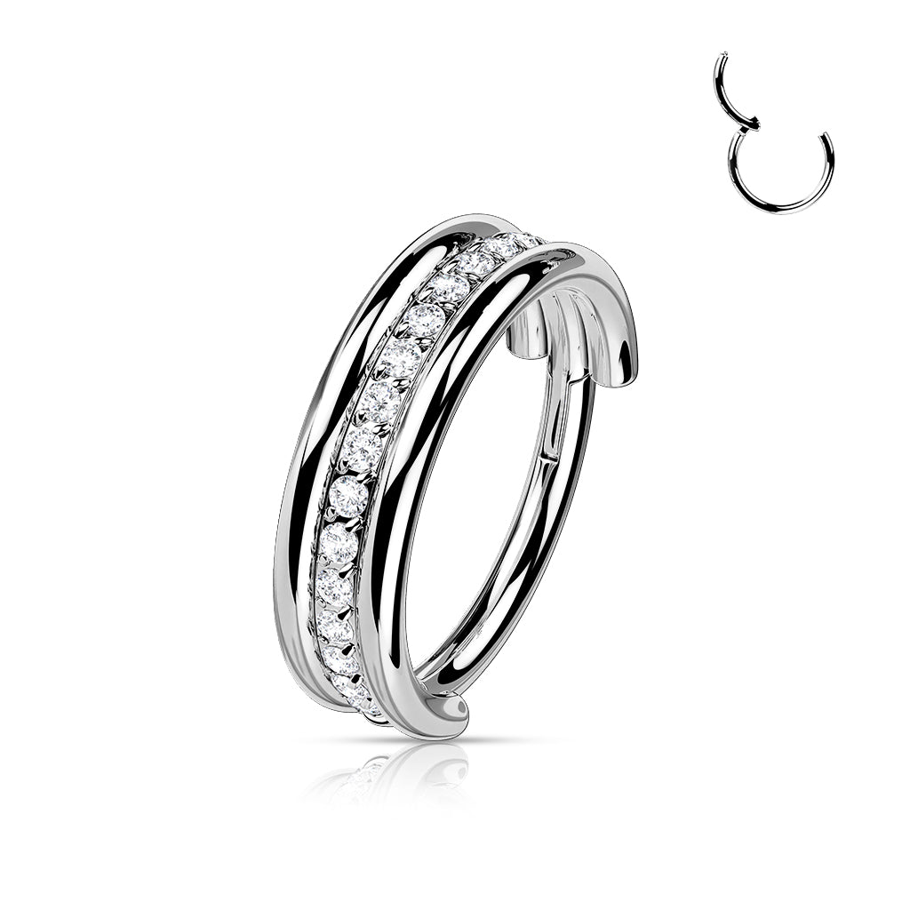 Hinged Double Banded Gemmed Ring | Titanium Clicker Segment Hoop Ring - Avanti Body Jewelry
