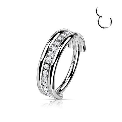 Hinged Double Banded Gemmed Ring | Titanium Clicker Segment Hoop Ring - Avanti Body Jewelry