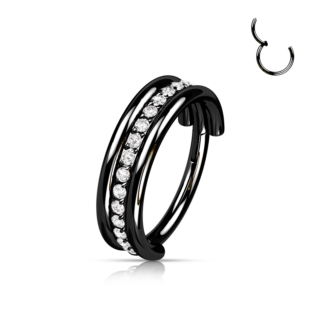Hinged Double Banded Gemmed Ring | Titanium Clicker Segment Hoop Ring - Avanti Body Jewelry