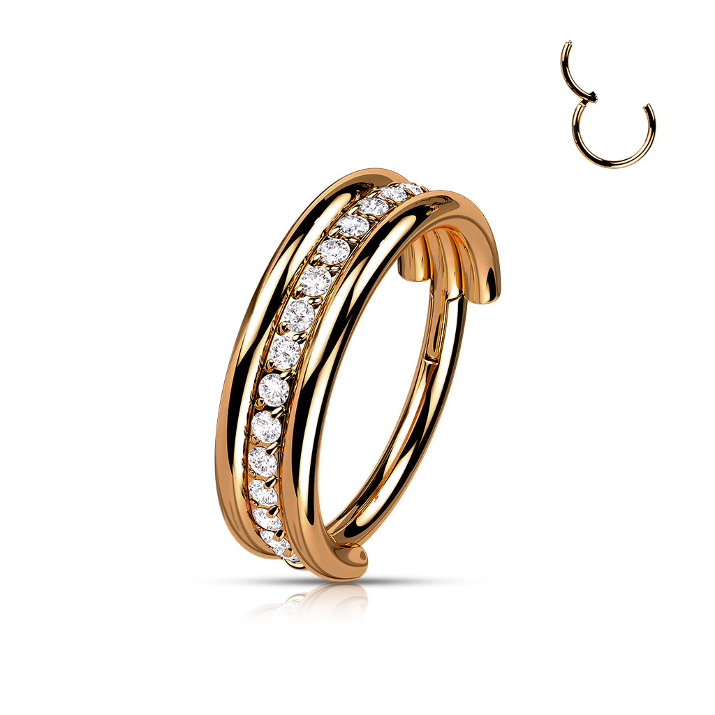 Hinged Double Banded Gemmed Ring | Titanium Clicker Segment Hoop Ring - Avanti Body Jewelry