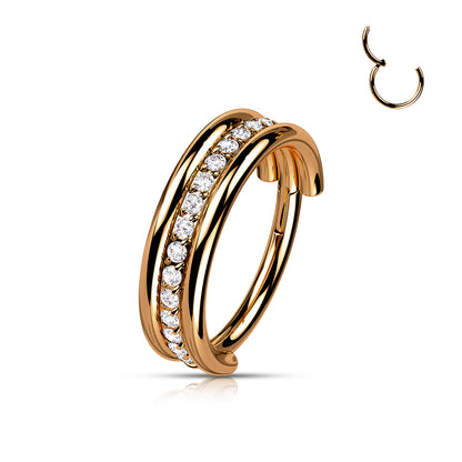 Hinged Double Banded Gemmed Ring | Titanium Clicker Segment Hoop Ring - Avanti Body Jewelry