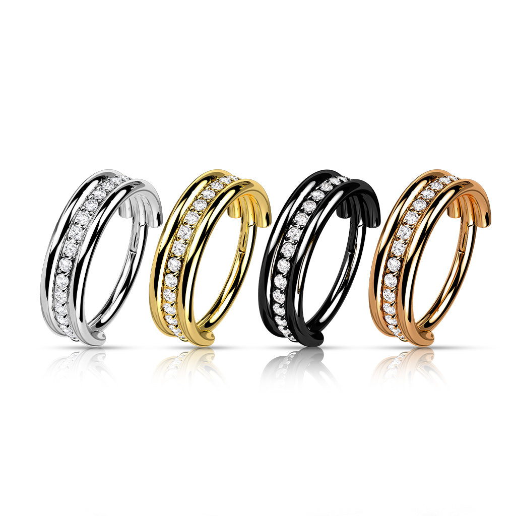 Hinged Double Banded Gemmed Ring | Titanium Clicker Segment Hoop Ring - Avanti Body Jewelry