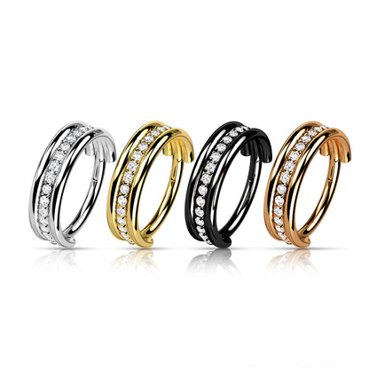 Hinged Double Banded Gemmed Ring | Titanium Clicker Segment Hoop Ring - Avanti Body Jewelry