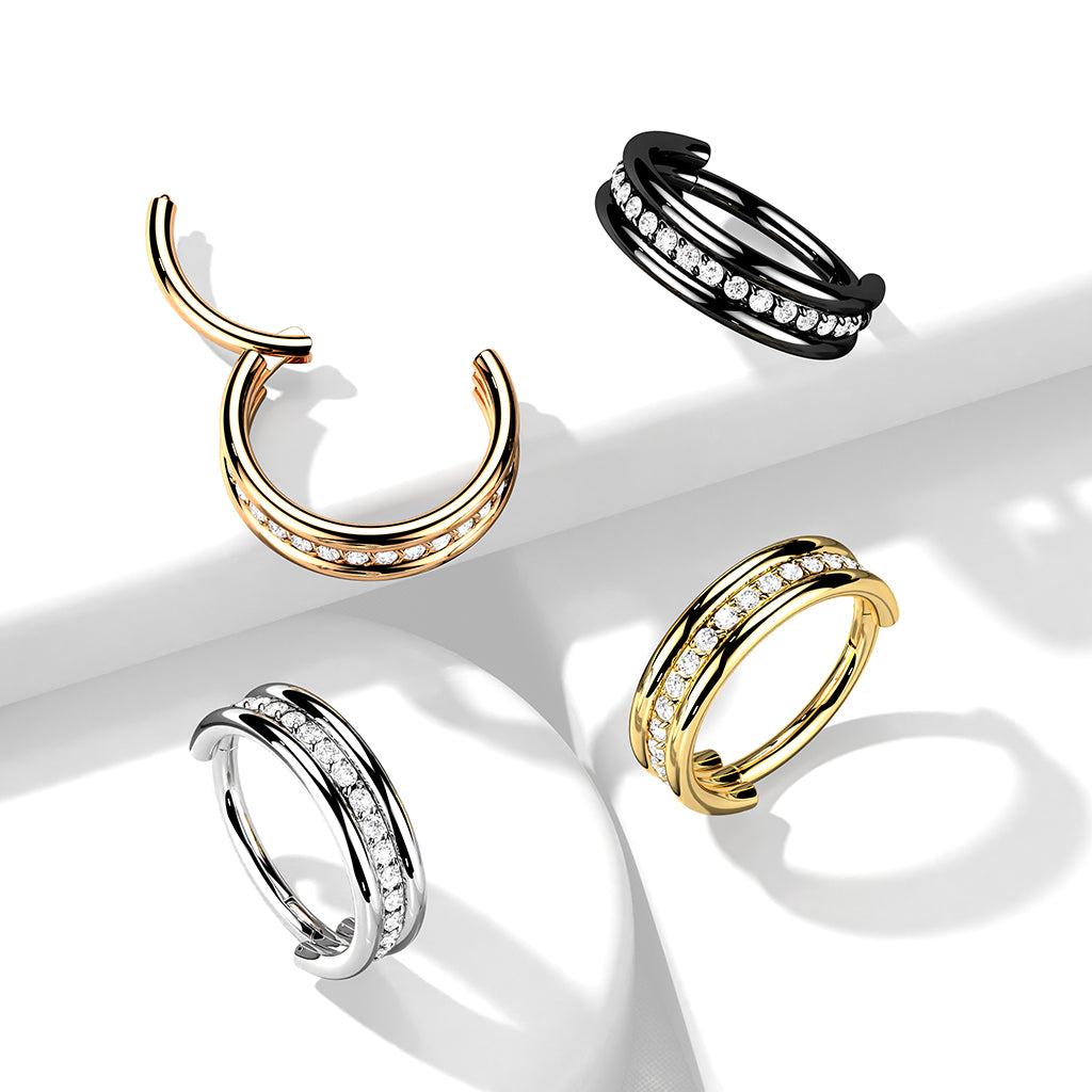 Hinged Double Banded Gemmed Ring | Titanium Clicker Segment Hoop Ring - Avanti Body Jewelry