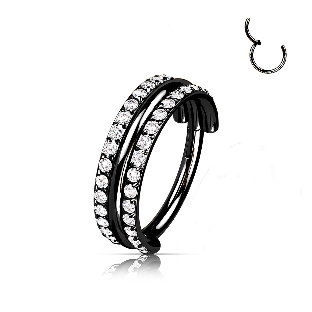 Hinged Double Row Gemmed & Band Ring | Titanium Clicker Segment Hoop Ring - Avanti Body Jewelry