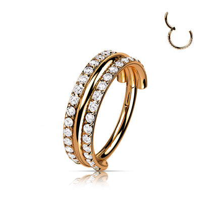 Hinged Double Row Gemmed & Band Ring | Titanium Clicker Segment Hoop Ring - Avanti Body Jewelry
