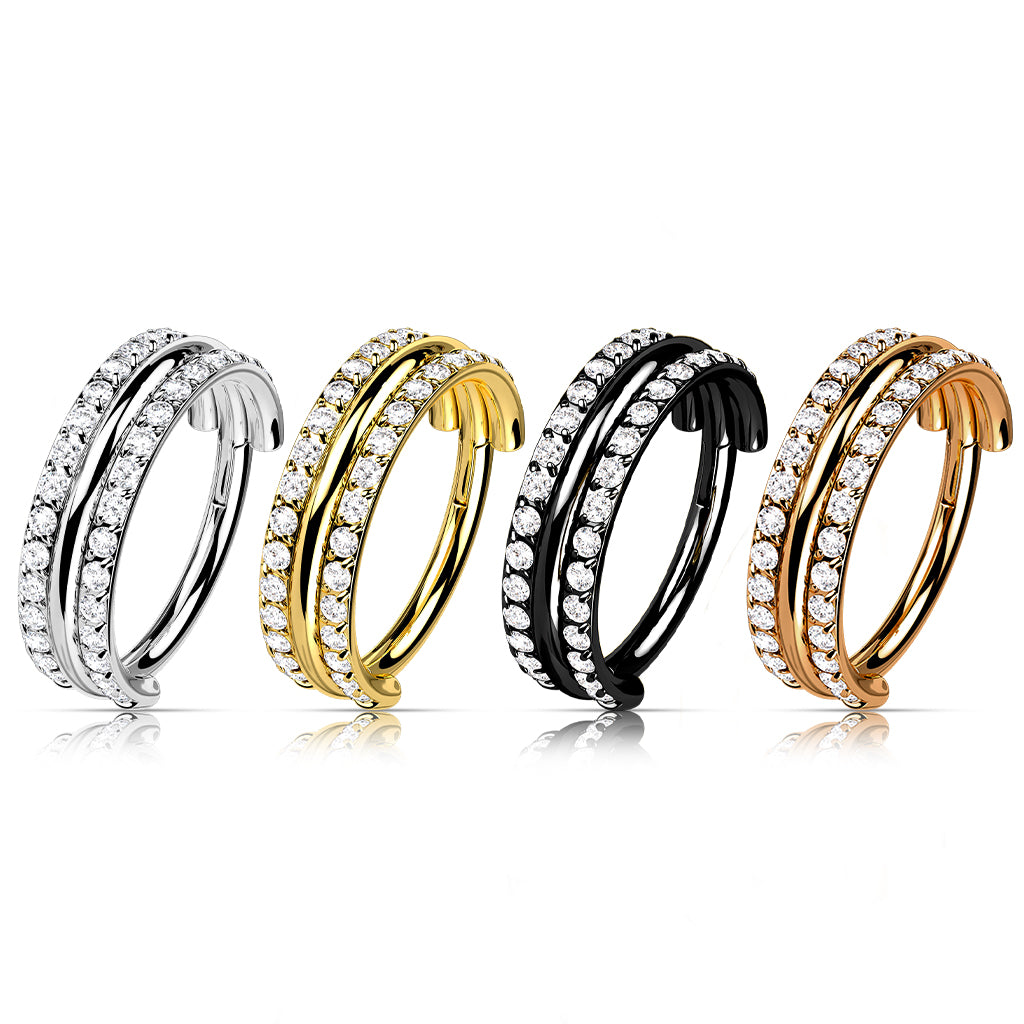Hinged Double Row Gemmed & Band Ring | Titanium Clicker Segment Hoop Ring - Avanti Body Jewelry