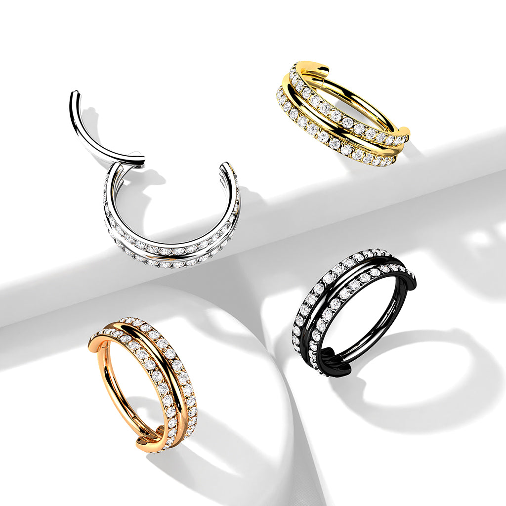 Hinged Double Row Gemmed & Band Ring | Titanium Clicker Segment Hoop Ring - Avanti Body Jewelry