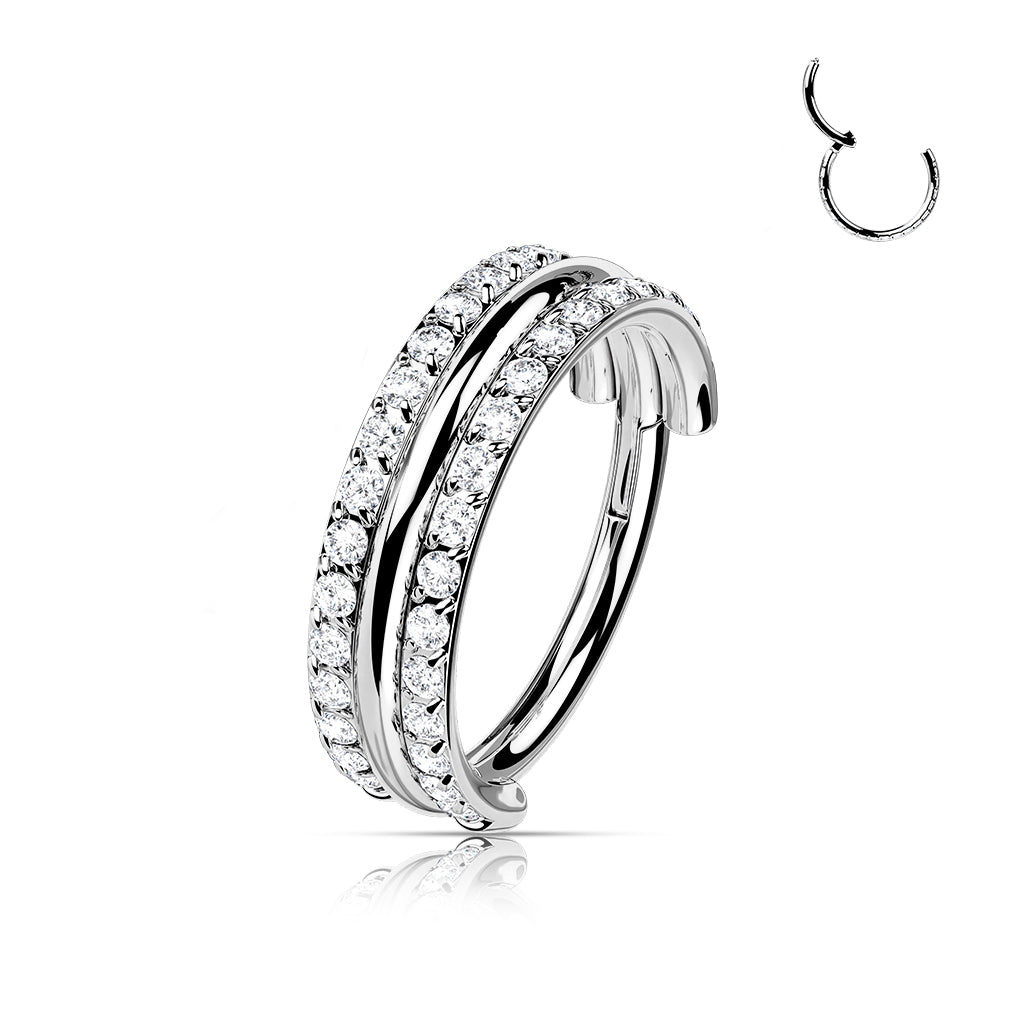 Hinged Double Row Gemmed & Band Ring | Titanium Clicker Segment Hoop Ring - Avanti Body Jewelry