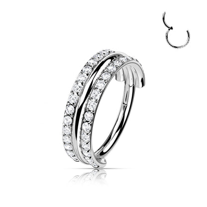 Hinged Double Row Gemmed & Band Ring | Titanium Clicker Segment Hoop Ring - Avanti Body Jewelry