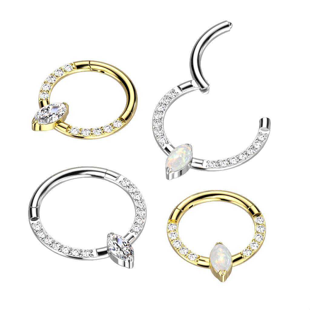 Gorgeous Front Gem Clicker w/ Marquise Center Gem | Titanium Clicker Segment Hoop Ring - Avanti Body Jewelry