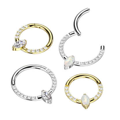 Gorgeous Front Gem Clicker w/ Marquise Center Gem | Titanium Clicker Segment Hoop Ring - Avanti Body Jewelry