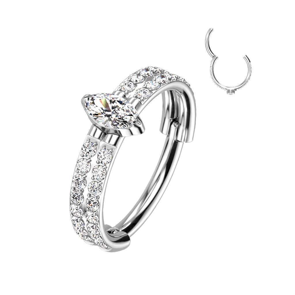 Double Gem Row w/ Marquise Center Hinged Ring | Titanium Clicker Segment Hoop Ring - Avanti Body Jewelry