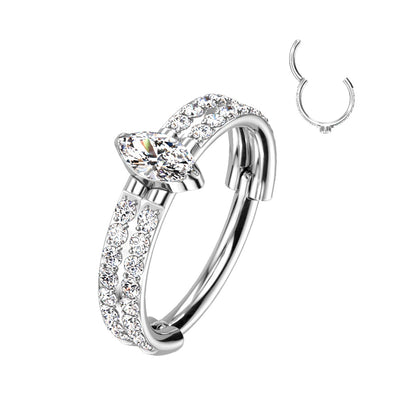 Double Gem Row w/ Marquise Center Hinged Ring | Titanium Clicker Segment Hoop Ring - Avanti Body Jewelry