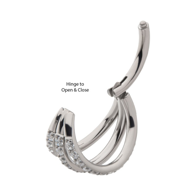 Hinged Ring Triple Fan w/ Side-Facing CZ | Titanium Clicker Segment Hoop Ring - Avanti Body Jewelry