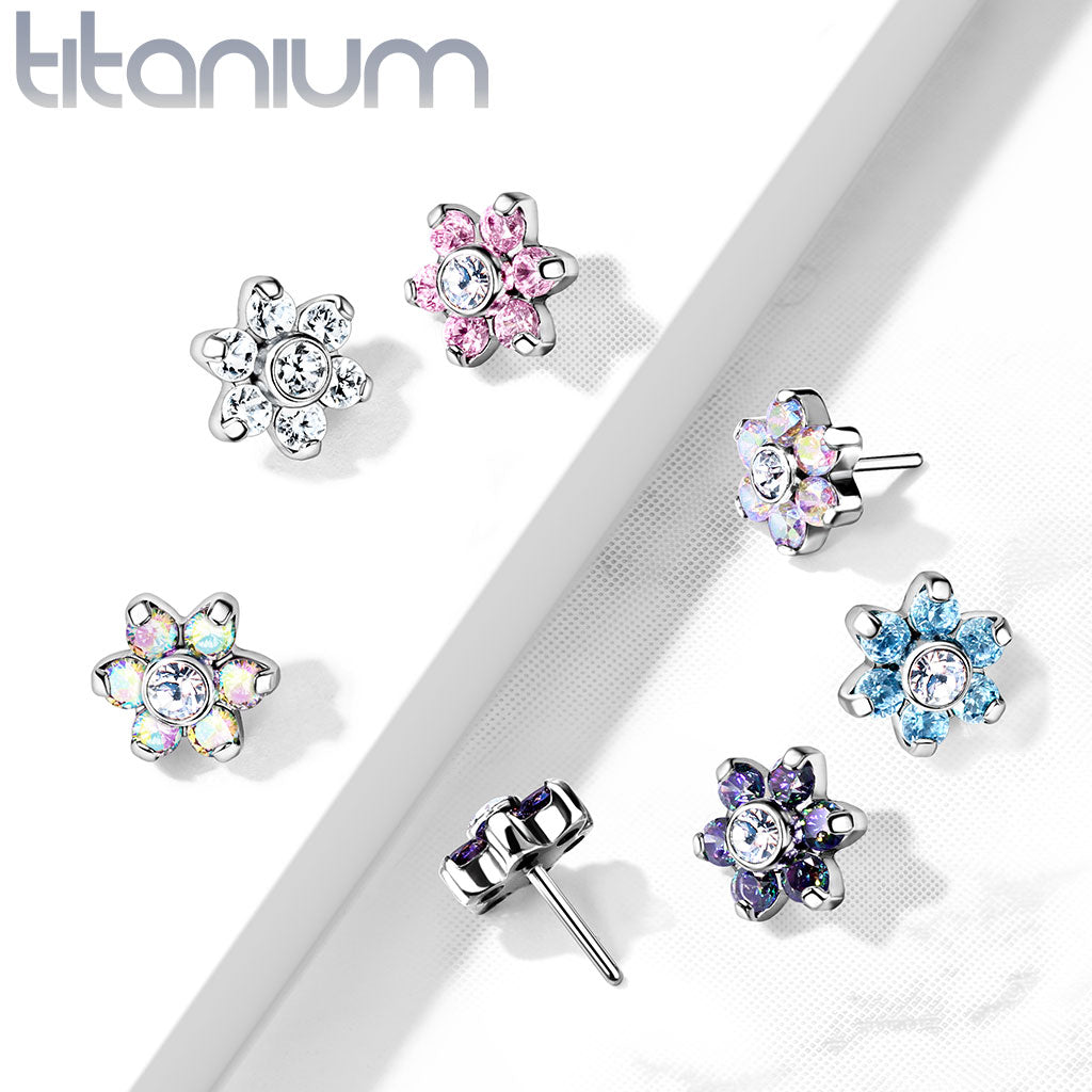 Flower w/ Gems | Titanium Threadless Top For Nose, Ears & Lip - Avanti Body Jewelry