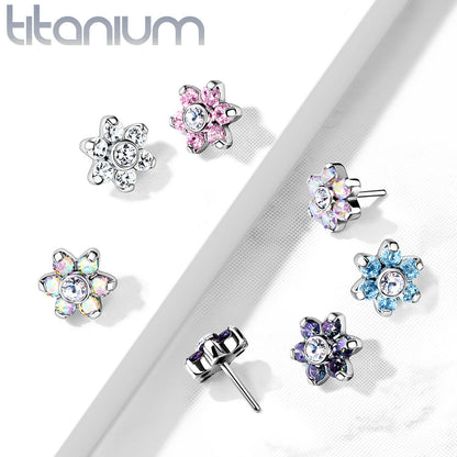 Flower w/ Gems | Titanium Threadless Top For Nose, Ears & Lip - Avanti Body Jewelry