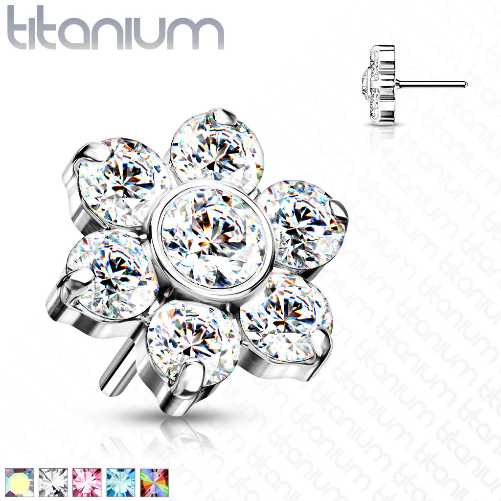 Flower w/ Gems | Titanium Threadless Top For Nose, Ears & Lip - Avanti Body Jewelry