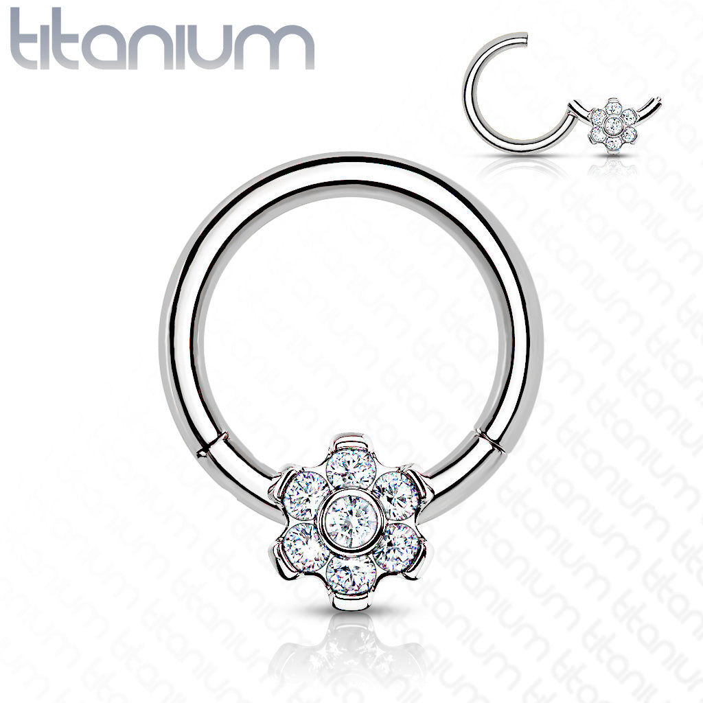 Hinged Ring Flower Gem | Titanium Clicker Segment Hoop Ring - Avanti Body Jewelry